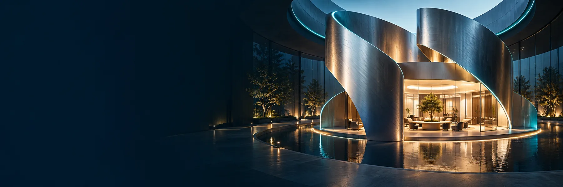 Conceptual interlocking architectural forms surrounding an illuminated centre
