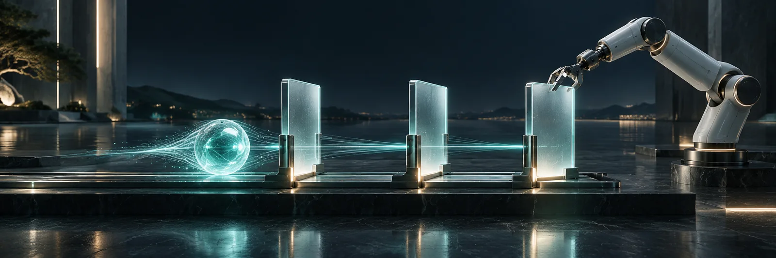 Conceptual robotic arm and luminous AI core moving through controlled glass gates