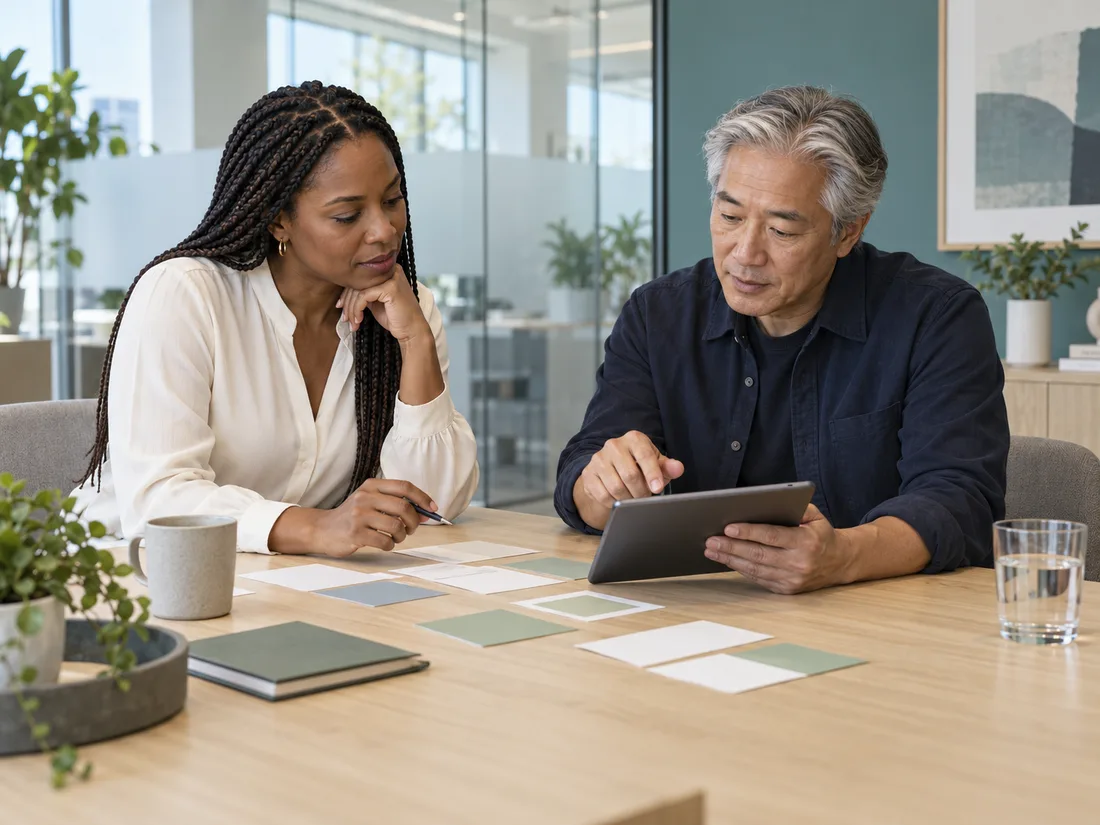 Two colleagues reviewing an AI rollout plan in a bright modern workplace