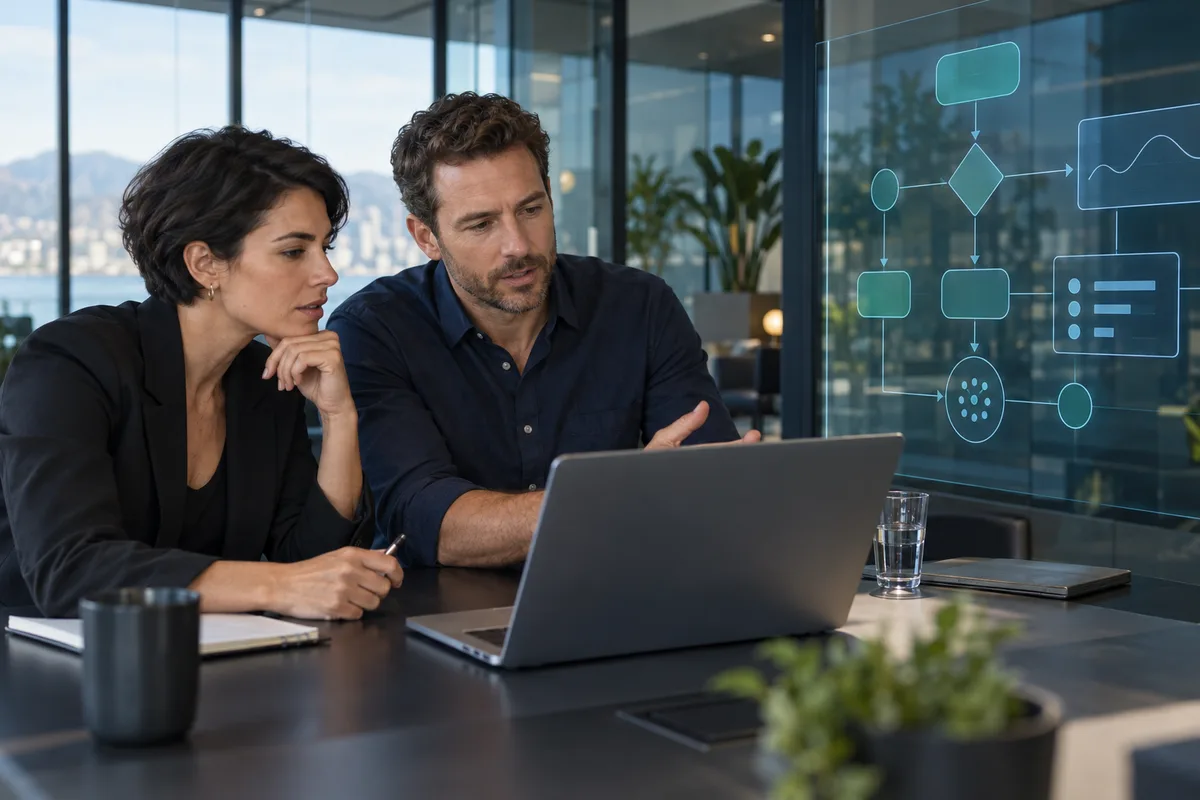 Illustrative business technology team reviewing a connected AI workflow