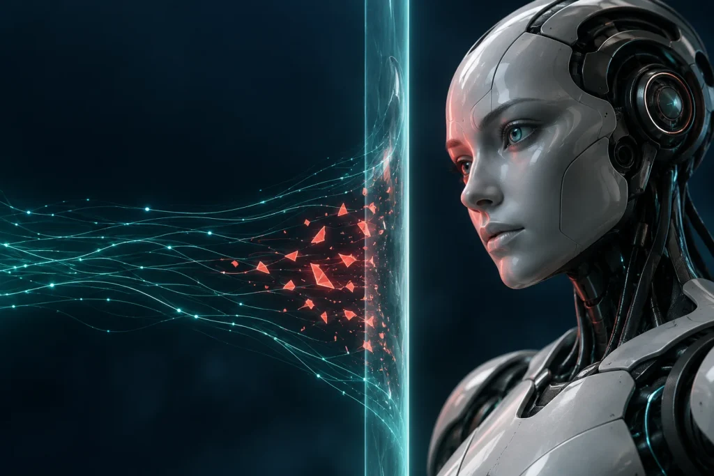 Conceptual robotic AI interacting with a digital security boundary