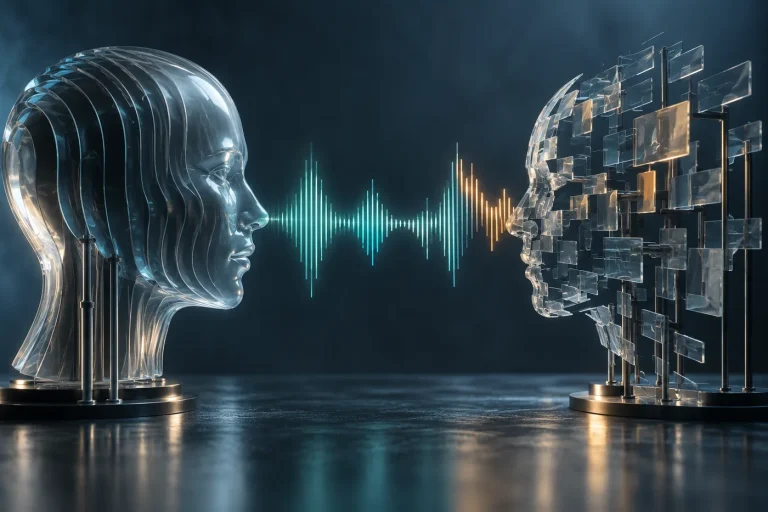 Abstract glass profiles linked by a synthetic audio waveform