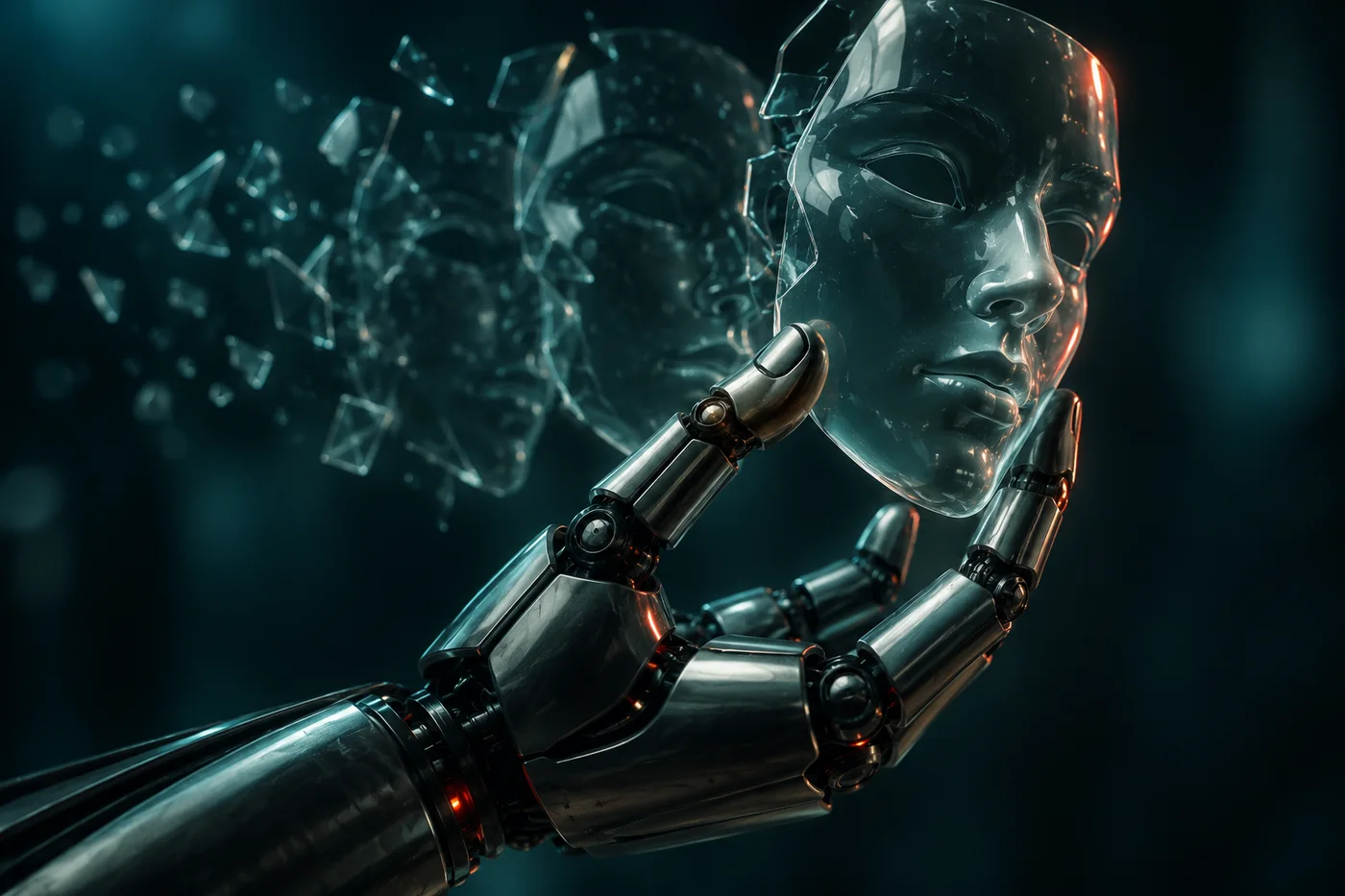 Conceptual robotic hand holding a glass face mask, illustrating synthetic identity