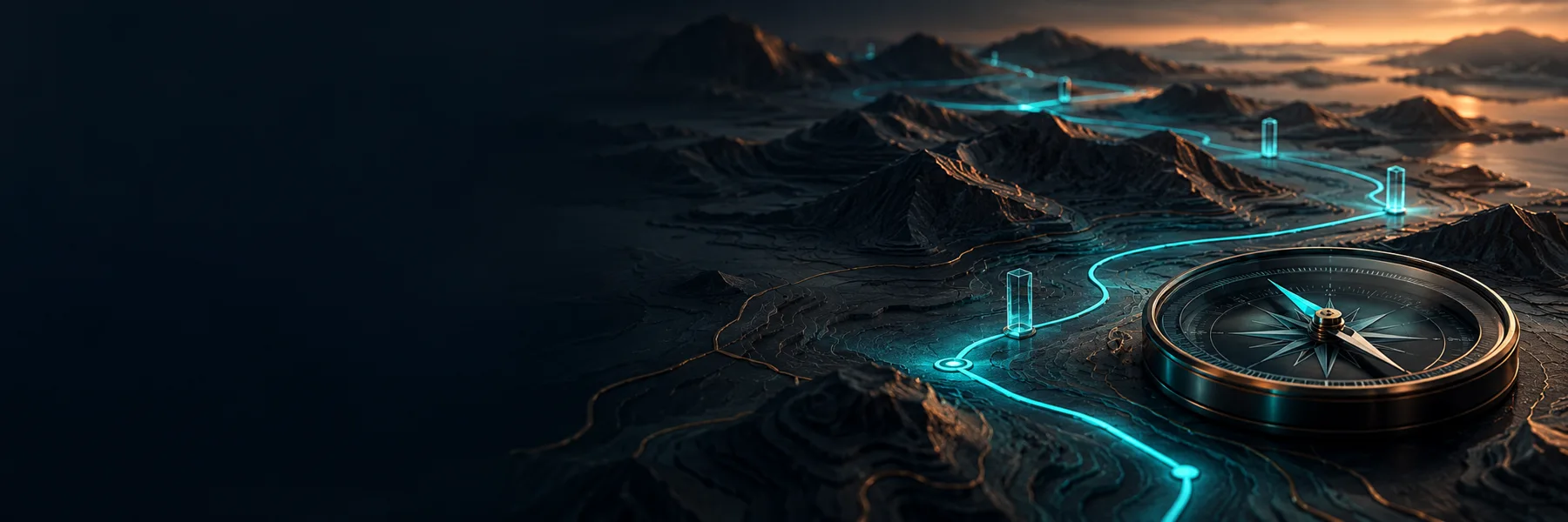 Conceptual navigation instrument tracing a teal route across a dark topographic landscape
