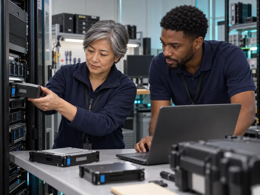 Two infrastructure engineers checking storage equipment during an illustrative recovery rehearsal