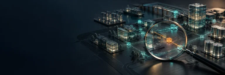 Optical lens revealing an exposed connection in a conceptual business infrastructure model