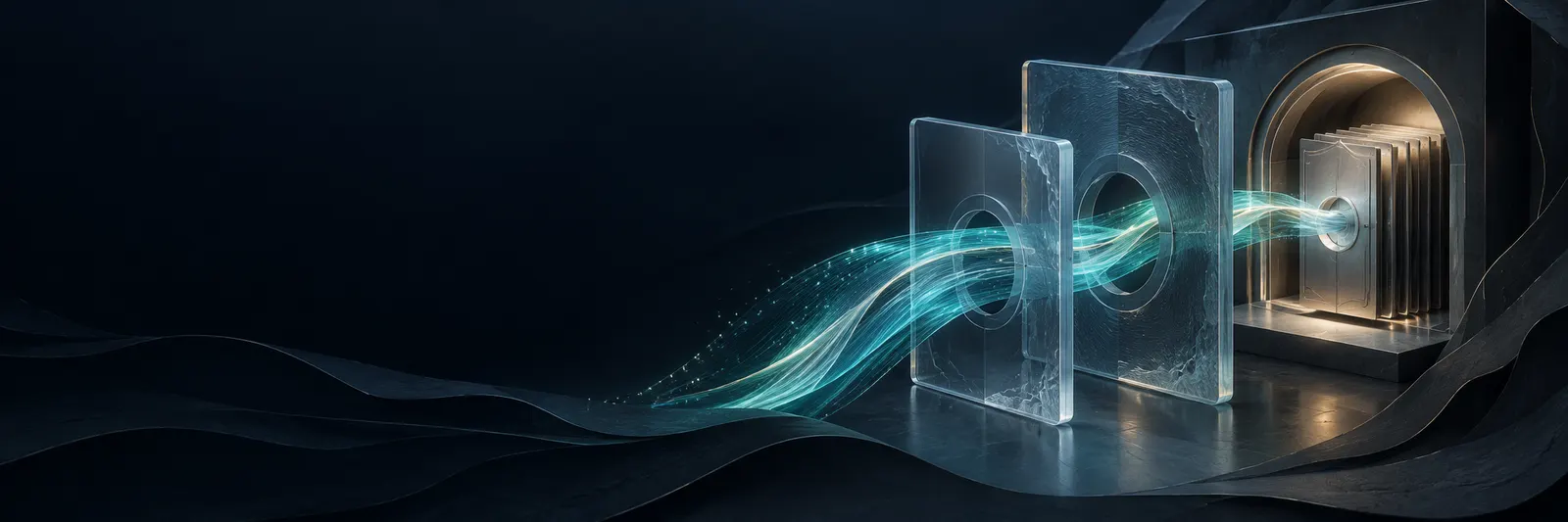 A luminous data ribbon moving through layered glass chambers into a protected archive