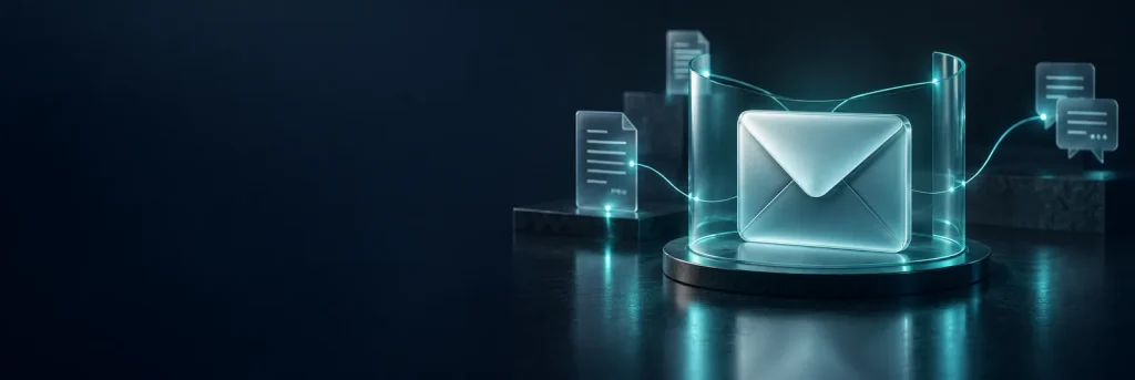 Conceptual glass envelope protected by a teal screen, connected to documents and conversations