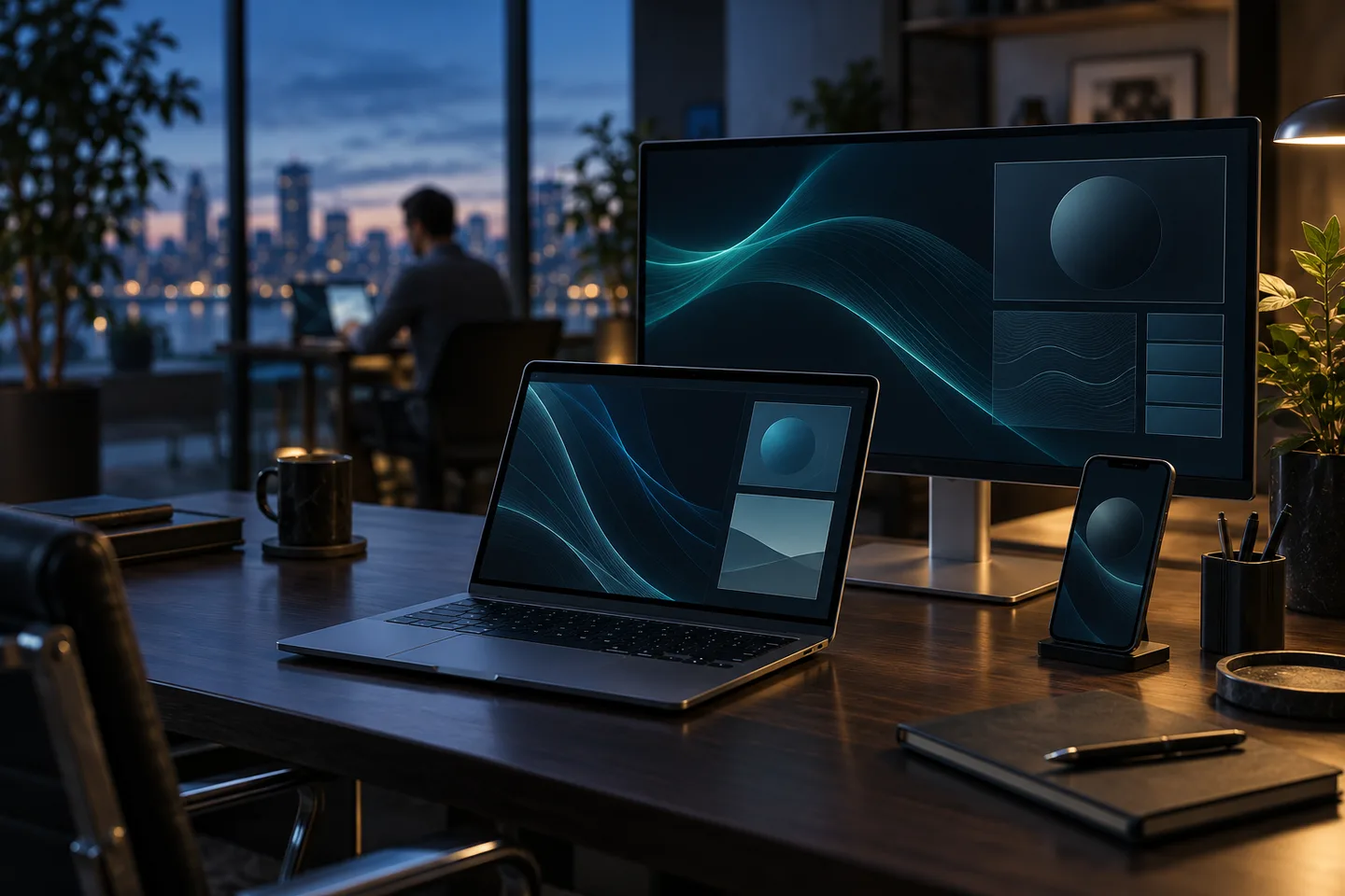 Illustrative hybrid workspace with a laptop, desktop monitor and smartphone