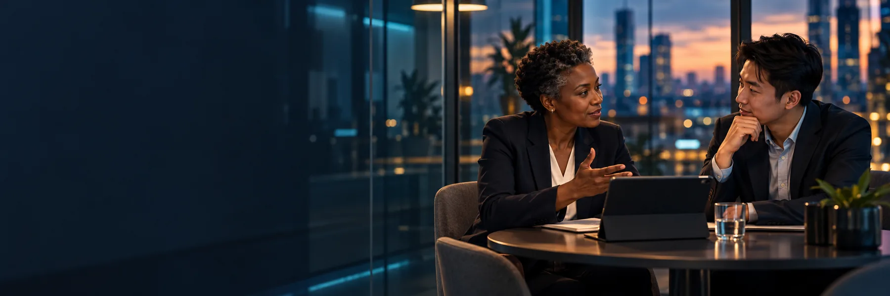 Technical adviser and business owner discussing a security question in a meeting room