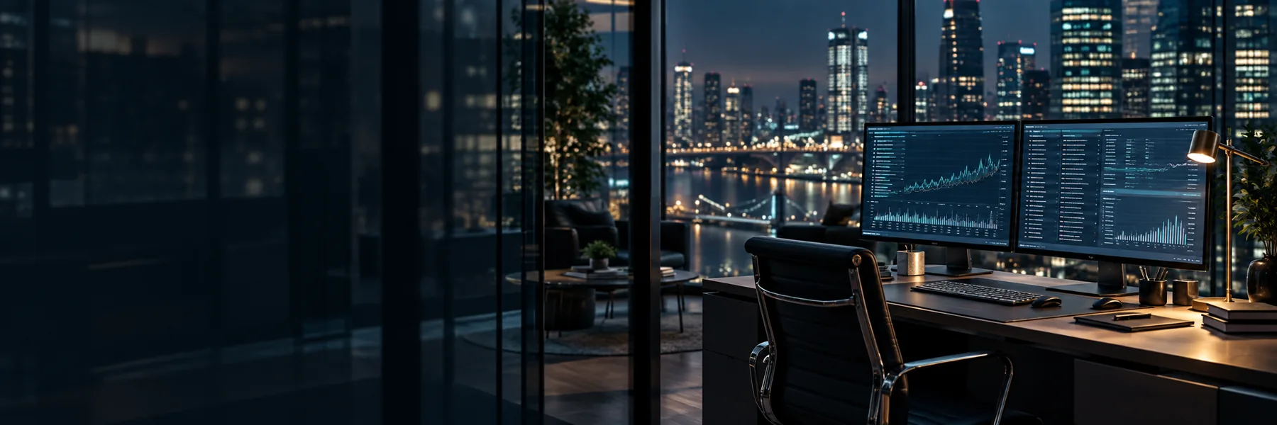 Modern financial operations office overlooking a city at night
