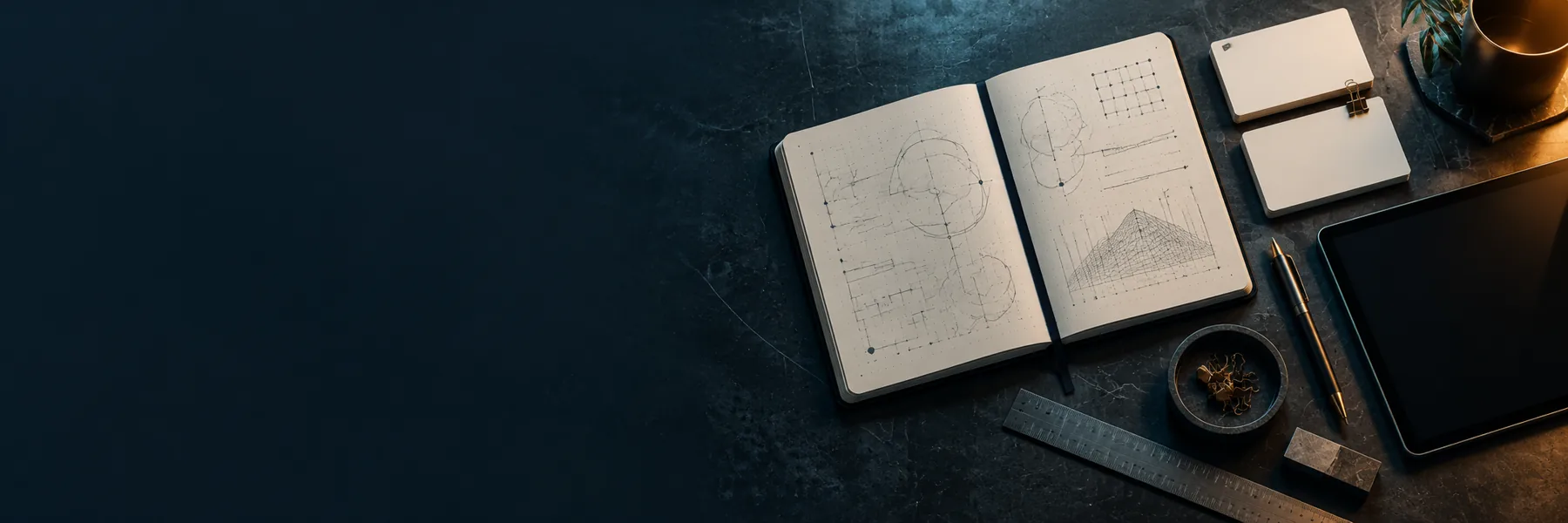 Technical notebook, index cards and tablet arranged on a graphite desk