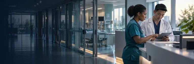 Two clinicians reviewing a tablet at a modern hospital nurses station