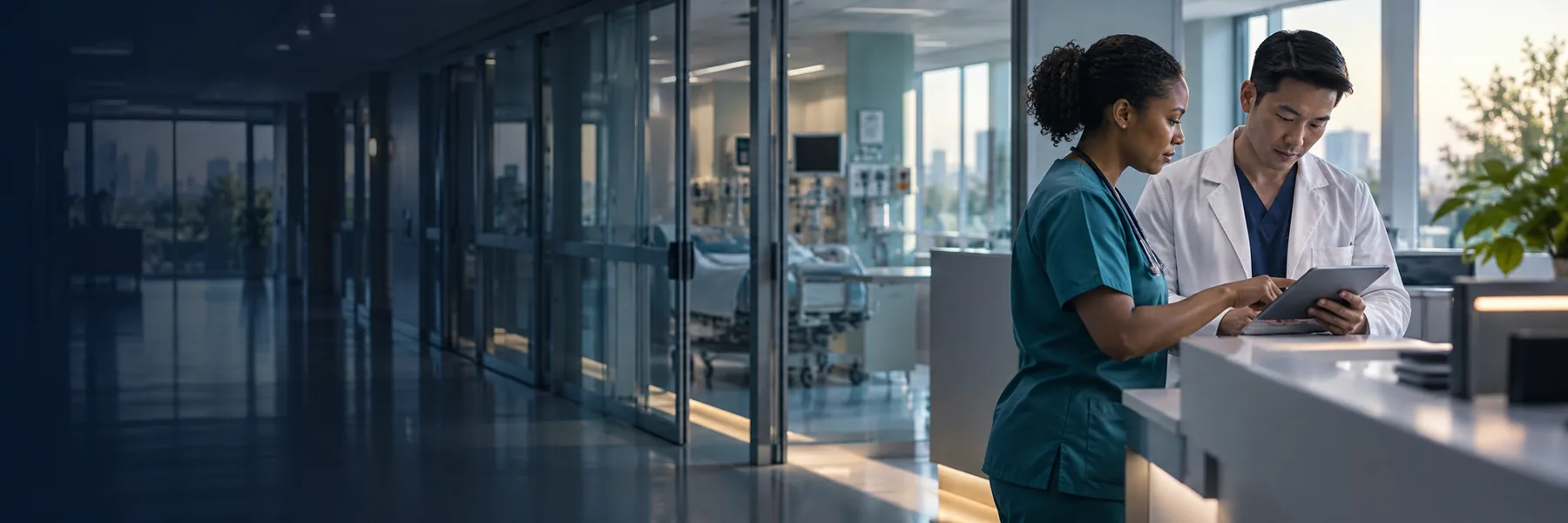 Two clinicians reviewing a tablet at a modern hospital nurses station