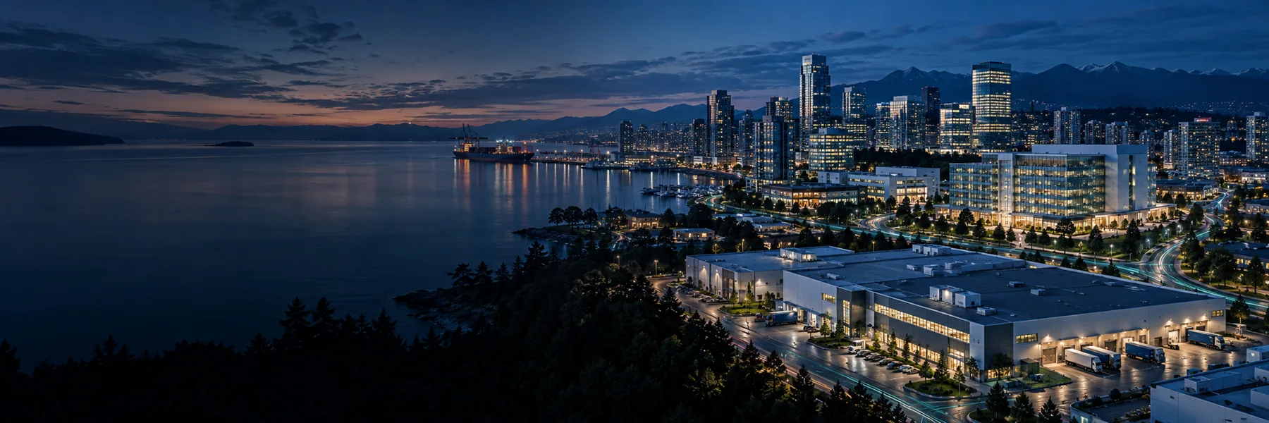 Illustrative business district combining manufacturing, healthcare, offices and retail at twilight