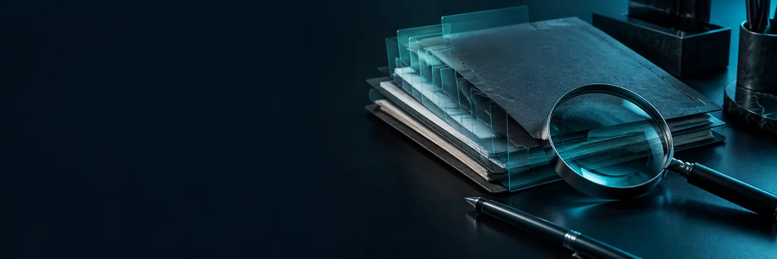 Organized evidence folders and a glass inspection lens on a dark desk