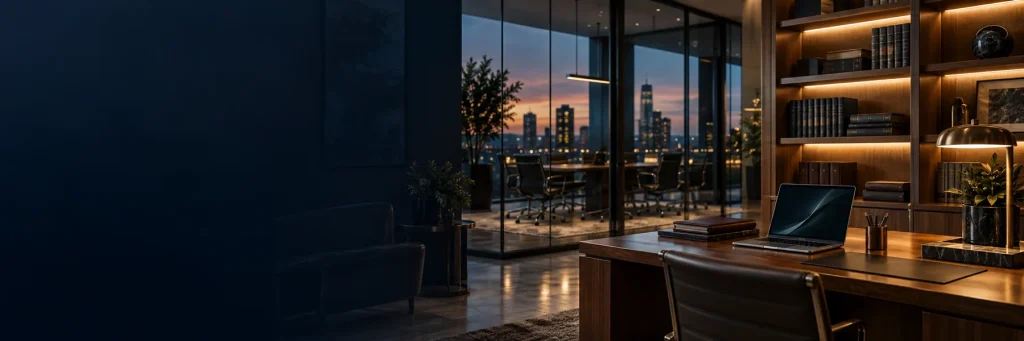 Quiet legal office with closed matter files, laptop and bookshelves at dusk