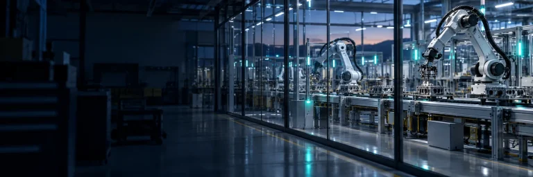 Modern robotic manufacturing line inside a glass-walled industrial facility