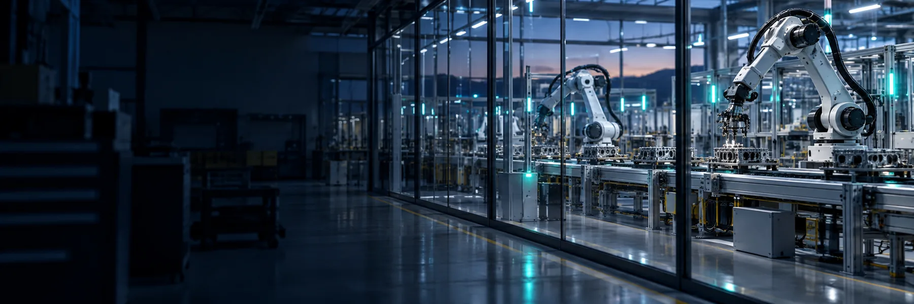 Modern robotic manufacturing line inside a glass-walled industrial facility