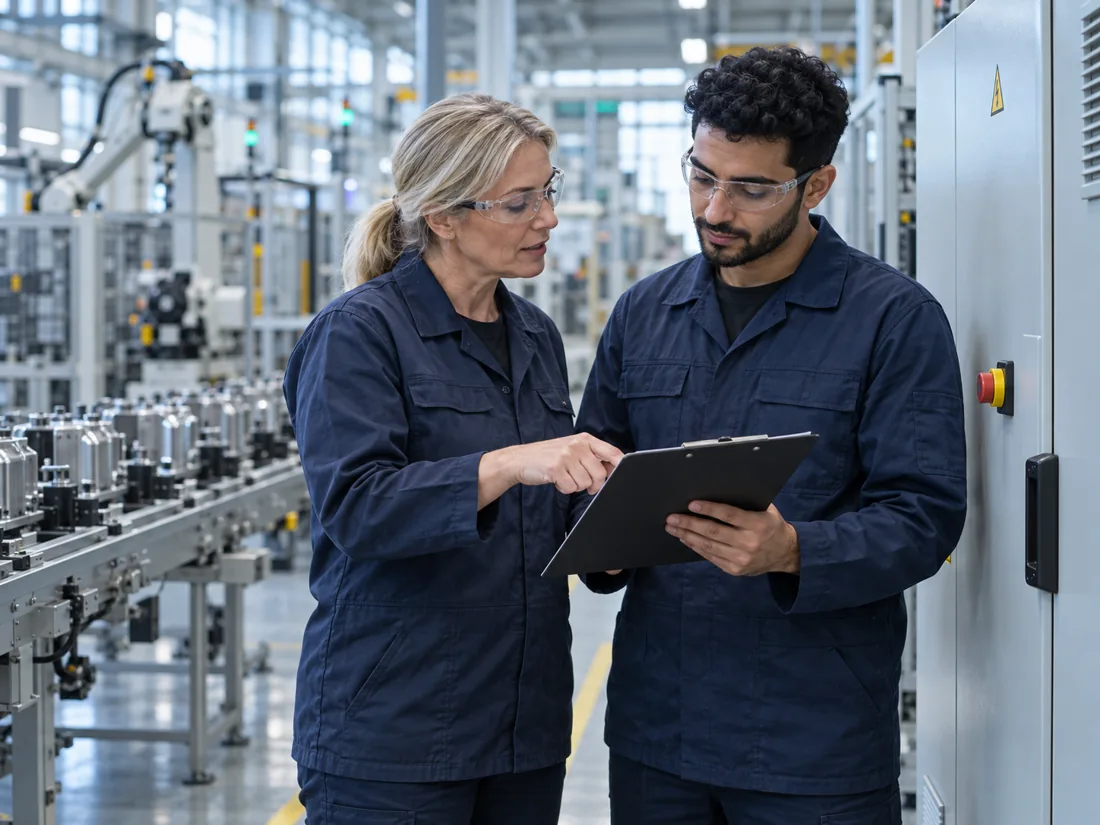 Two manufacturing engineers reviewing a maintenance plan beside a closed control cabinet