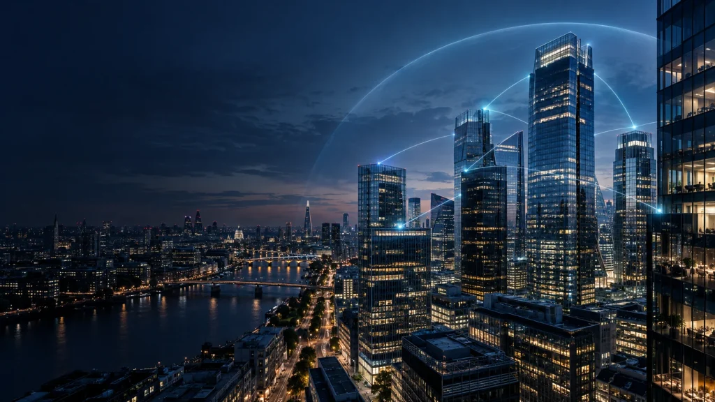 City business district at night