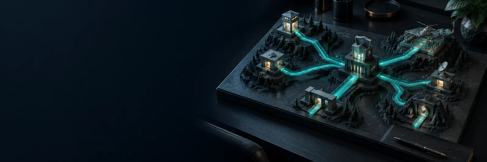 A branching readiness route connecting practical checkpoints on a dark architectural model