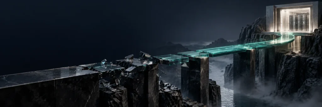 Conceptual broken glass pathway reconstructed toward a trusted recovery environment