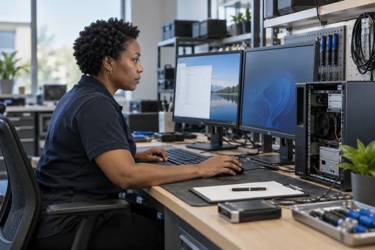 A recovery technician validating a rebuilt workstation in a controlled test environment