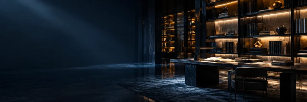 Illuminated technical archive and reading desk in a dark modern library