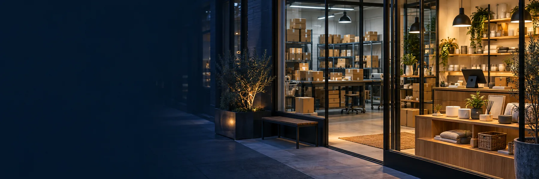 Modern retail store connected to an organized packing and fulfilment area