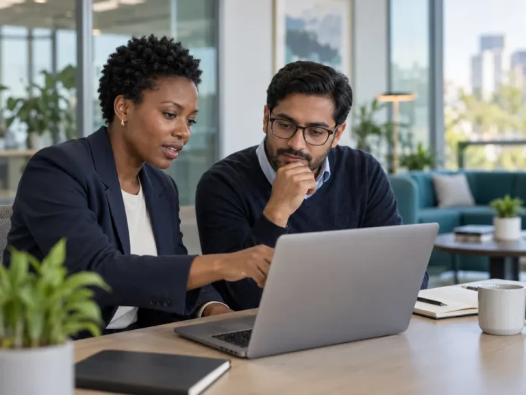 Two colleagues reviewing a shared document together on a laptop