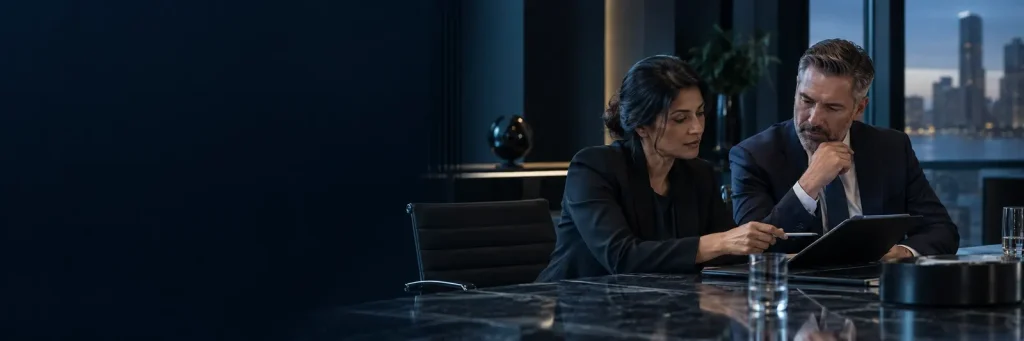 A security adviser and finance leader reviewing a plan in a boardroom