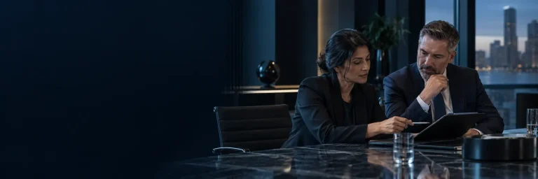 A security adviser and finance leader reviewing a plan in a boardroom