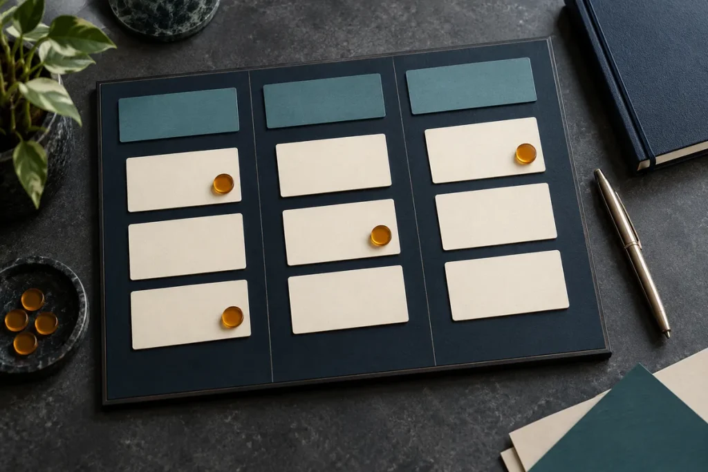 Planning board with grouped cards and priority markers on a dark desk