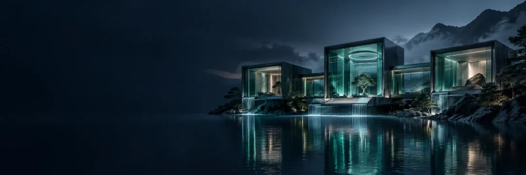 Three connected architectural pavilions representing protection, response and recovery