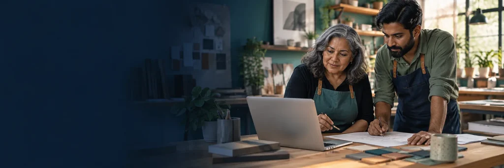 Small business owner and colleague reviewing a laptop and plan in a design studio