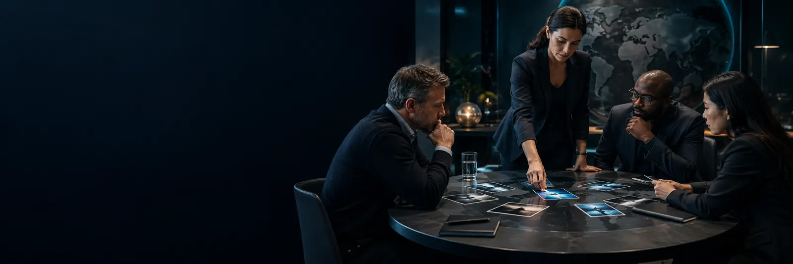 A diverse business team rehearsing a response scenario around a circular table